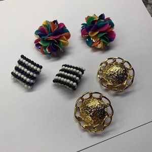 Lot Of 3 Large Colorful Statement Vintage Earrings Clip On